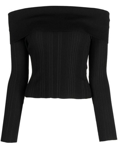 Self-Portrait Lace Inserted Ribbed Knit Top - Black