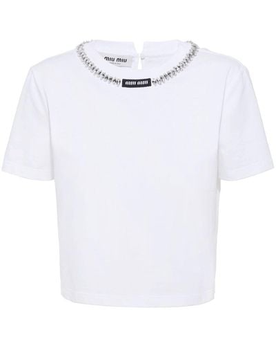 Miu Miu Camiseta con logo y detalles de cristales - Blanco
