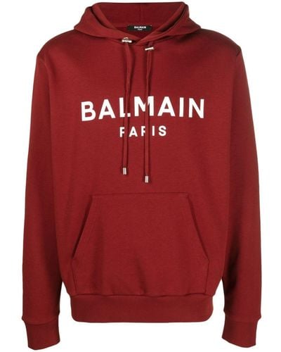 Balmain Logo-print Drawstring Cotton Hoodie - Red
