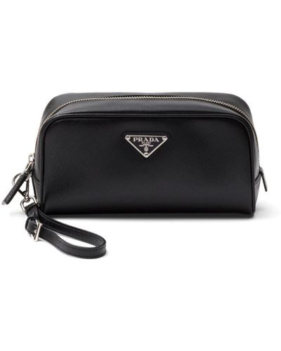 Prada Enamel-logo Saffiano Leather Clutch Bag - Black