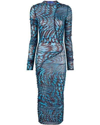 Mugler Star-print Ruched Dress - Blue