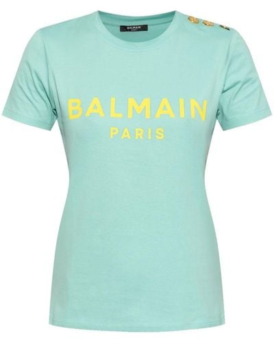 Balmain Logo-print Button-shoulder T-shirt - Green