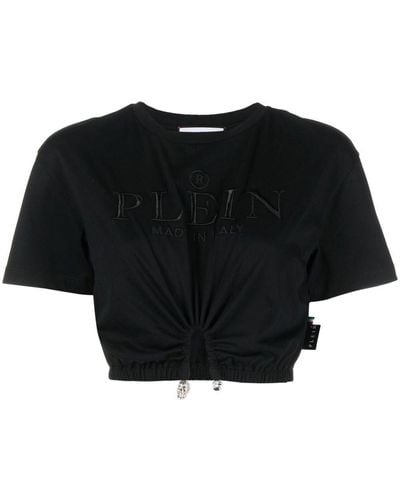 Philipp Plein Embroidered-logo Cropped T-shirt - Black