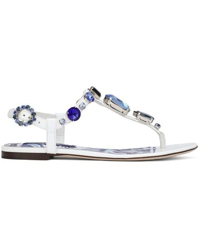 Dolce & Gabbana Bejewelled Patent Leather Thong Sandals - White
