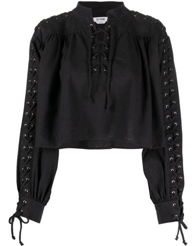 RE/DONE Pirate Lace-up Linen-blend Blouse - Black