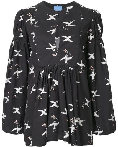Macgraw Blusa de manga farol con estampado de pájaros - Negro