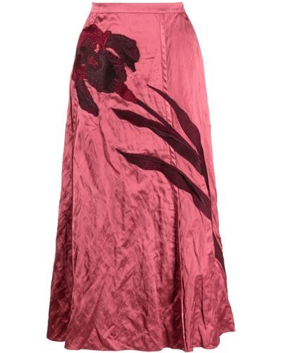 Erdem Floral-appliqué Satin Midi Skirt - Red