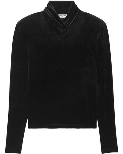 Saint Laurent Gathered-neckline Velvet Top - Black