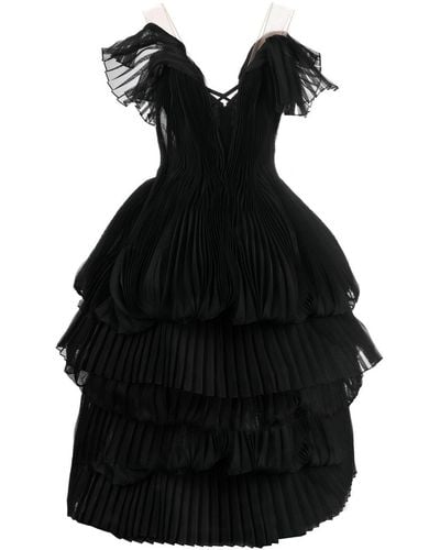 Marchesa Pleated Tiered Gown - Black