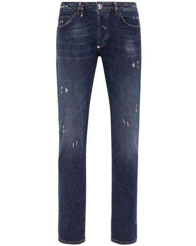 Philipp Plein Distressed Low-rise Skinny Jeans - Blue