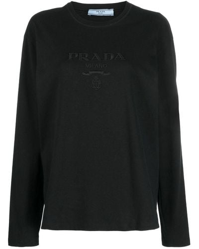 Prada Cotton Sweater With Embroidered Logo in Black | Lyst UK