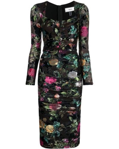 Nissa Floral-print Ruched Midi Dress - Black