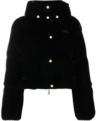 Elisabetta Franchi Velvet Hooded Puffer Jacket - Black