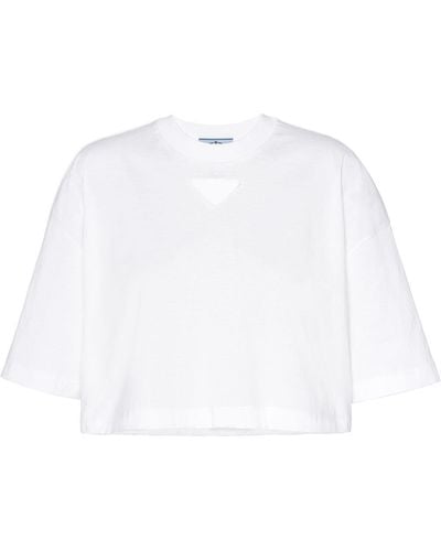 Prada Cropped-T-Shirt mit Logo-Schild - Weiß