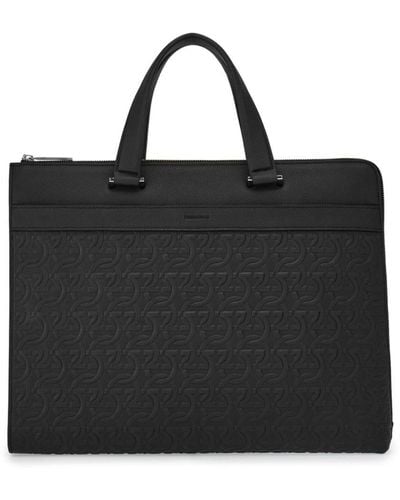 Ferragamo Gancini-print Leather Laptop Bag - Black