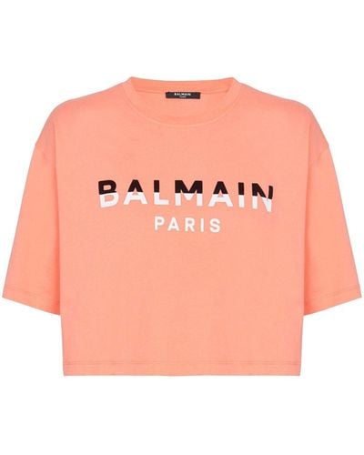 Balmain Flocked-logo Cropped T-shirt - Pink
