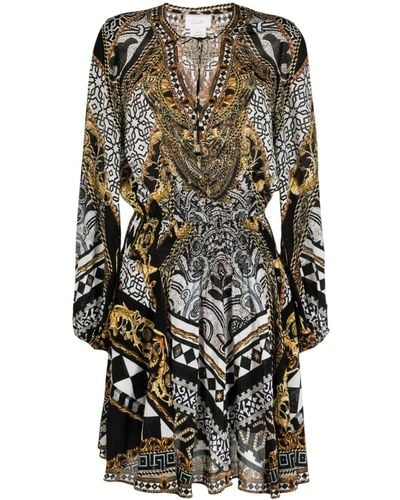 Camilla Graphic-print Silk Shirred Minidress - Black