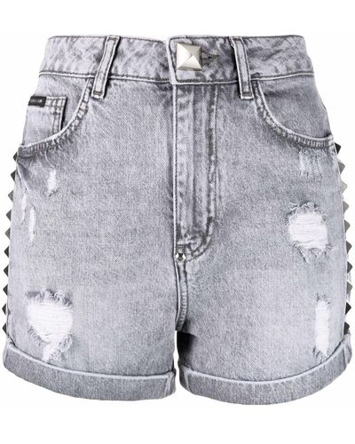 Philipp Plein Studded Denim Shorts - Gray