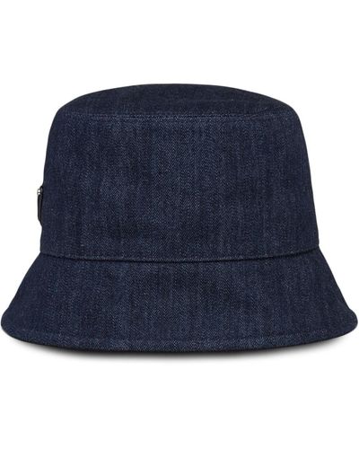 Prada Logo Patch Denim Bucket Hat - Blue