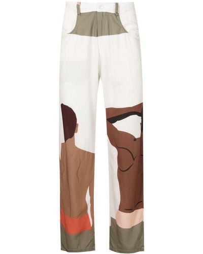 Amir Slama Graphic-print Linen-blend Trousers - White