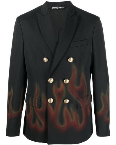 Palm Angels Flame-print Double-breasted Blazer - Black