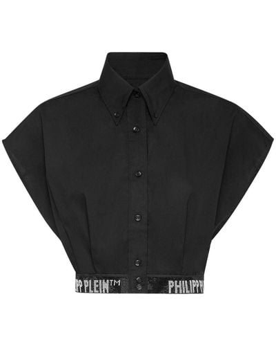 Philipp Plein Logo-embellished Cotton Cropped Shirt - Black