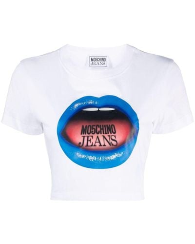 Moschino Jeans Cropped-T-Shirt mit Print - Blau