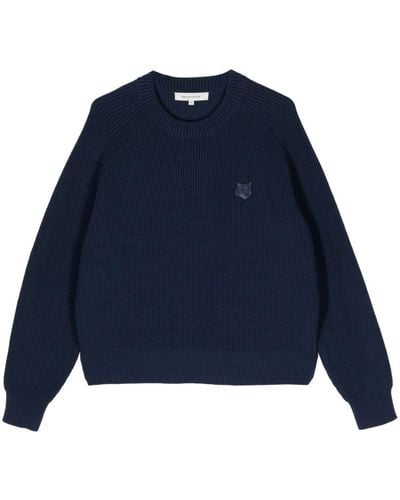 Maison Kitsuné Fox Head-appliqué Ribbed-knit Jumper - Blue