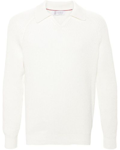 Brunello Cucinelli Ribbed-knit cotton polo shirt - Weiß