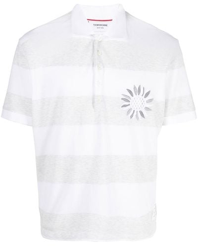 Thom Browne Flower-embroidered Striped Polo Shirt - White