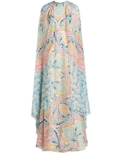 Etro Long Dress With Floral Print All-over With Drape Effect Shrug Multicolor In Silk Woman - White