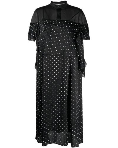 Sacai Polka-dot Print Ruffle-detailing Dress - Black