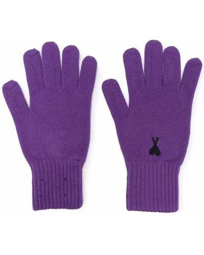 Ami Paris Logo-embroidered Merino Gloves - Purple
