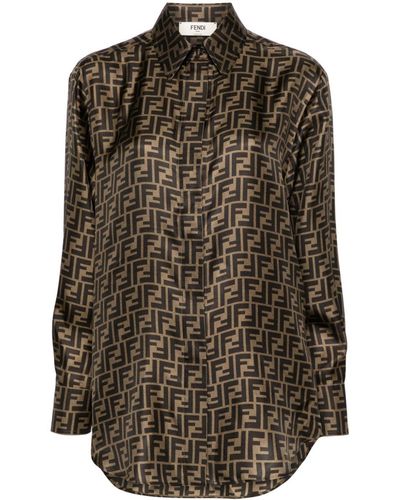 Fendi Ff-logo Print Silk Shirt - Brown