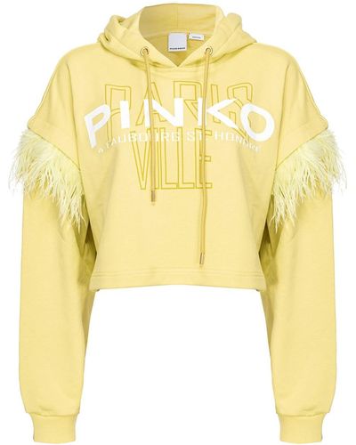 Pinko Feather-detail Cropped Hoodie - Yellow