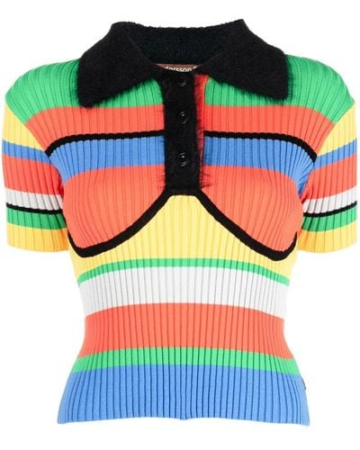 ANDERSSON BELL Ribbed-knit Striped Polo Top - Green