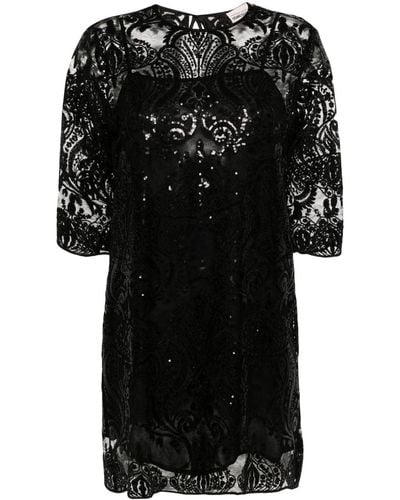 Semicouture Midi-jurk Met Geborduurde Bloemen - Zwart