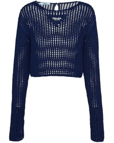 Prada Openwork-knit Cotton Sweater - Blue