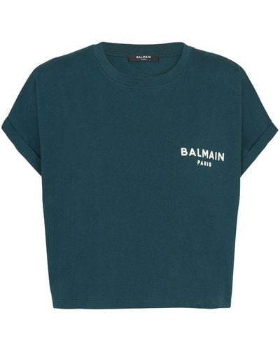 Balmain Cropped Logo Print T-shirt - Green