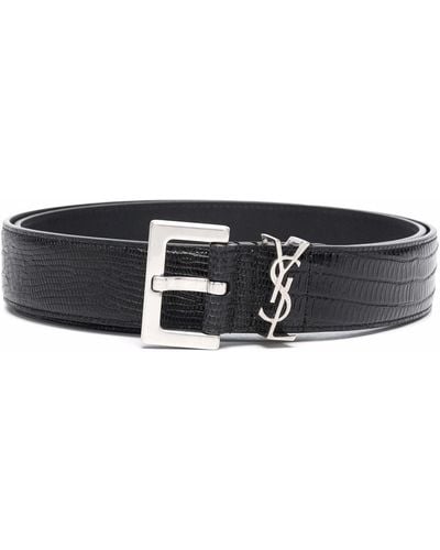 Saint Laurent Croc-embossed Leather Belt - Black