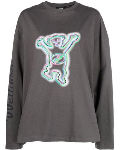 we11done Colourful Teddy Print Long Sleeve Cotton T-shirt - Grey