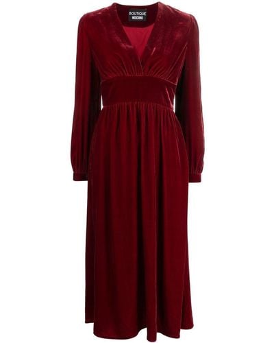 Boutique Moschino V-neck Velvet Midi Dress - Red