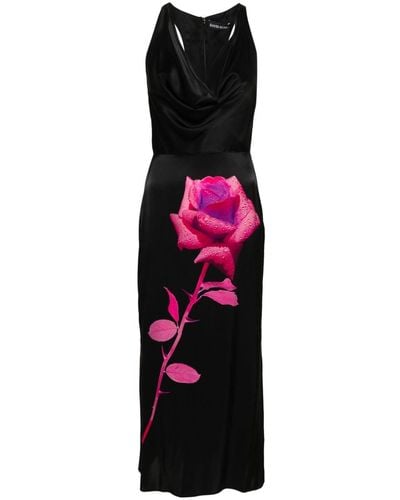 David Koma Floral-print Satin Midi Dress - Black