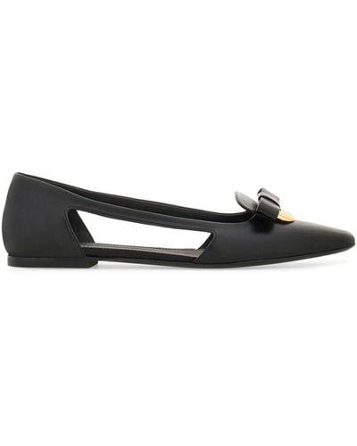 Ferragamo Drop Bow Leather Ballerina Shoes - Black