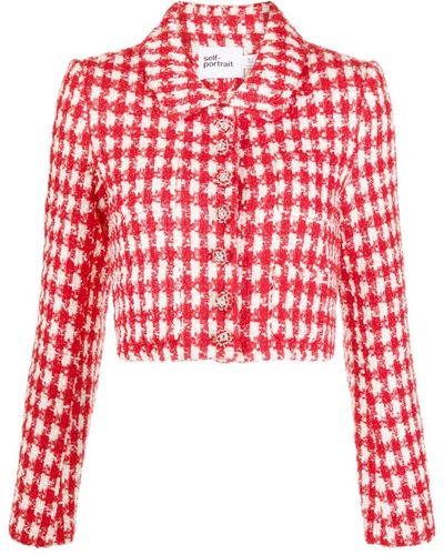 Self-Portrait Boucle Check-pattern Cropped Jacket - Red
