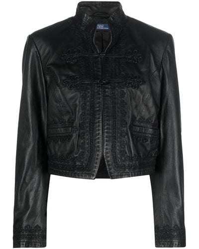 Polo Ralph Lauren Embroidered Cropped Leather Jacket - Black