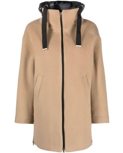 Herno Brown Coat With Padded Hood And Zip Fastening In Wool Woman - Natural