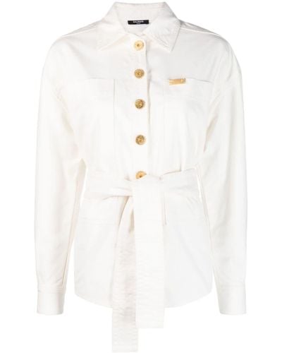 Balmain Giacca-camicia denim con placca logo - Bianco