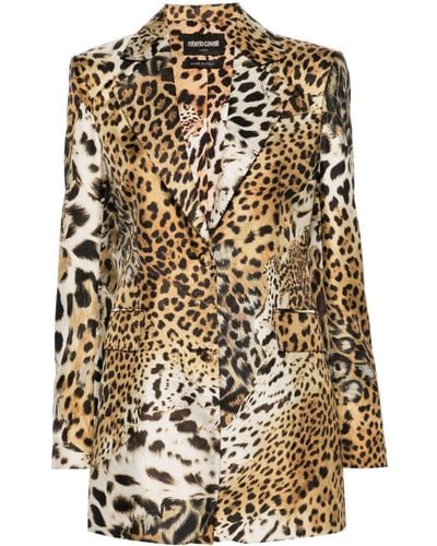 Roberto Cavalli Jaguar Skin-print Silk Blazer - Natural