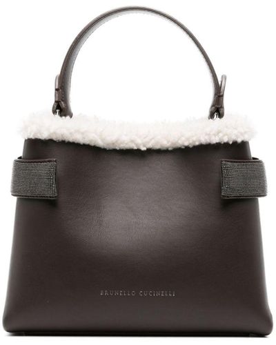 Brunello Cucinelli Shearling-trim Leather Mini Bag - Black